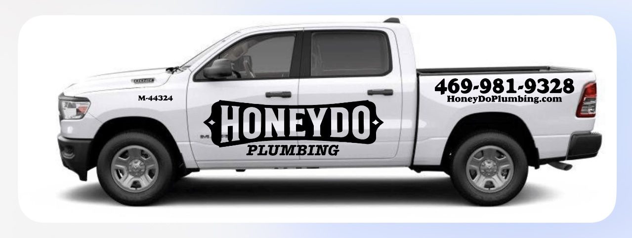 White pickup truck with Honeydo Plumbing logo on the door.
