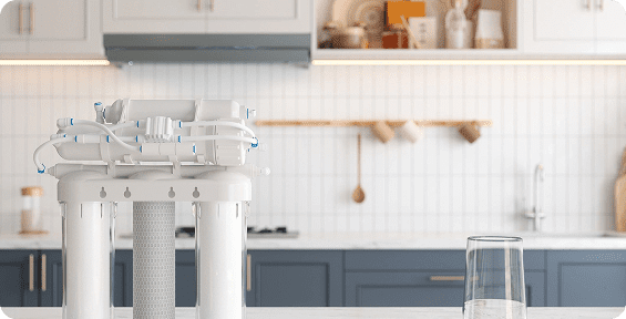 Water purifier system on kitchen counter.